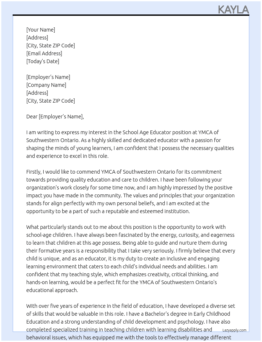 school age educator At YCMA of Southwestern Ontario Cover Letter