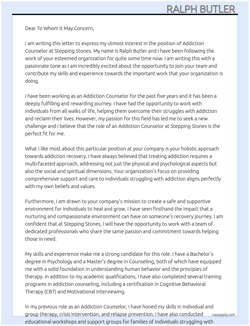 Addiction Counsellor  At Stepping Stones  Cover Letter