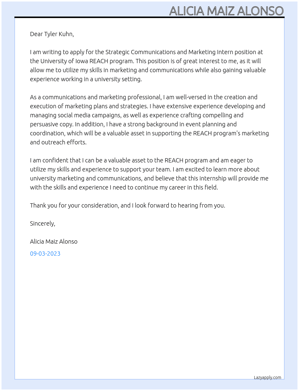 Strategic Communications and Marketing Intern At University of Iowa REACH program Cover Letter
