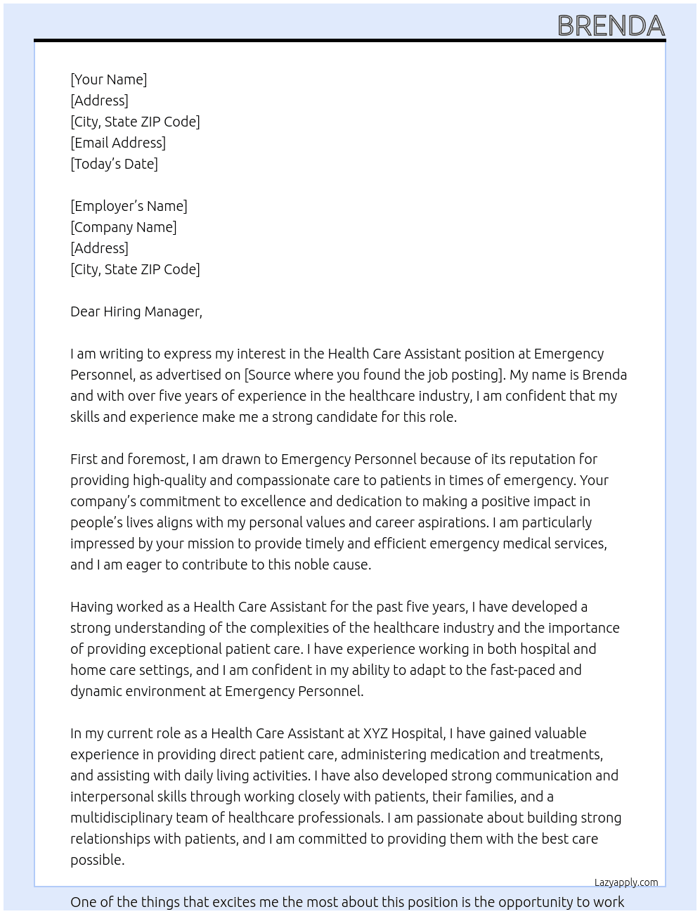 Health Care Assistant At Emergency Personnel Cover Letter