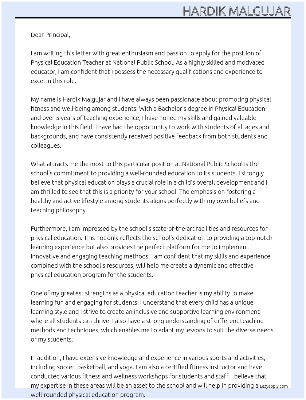 physical Education teacher  At National Public school  Cover Letter