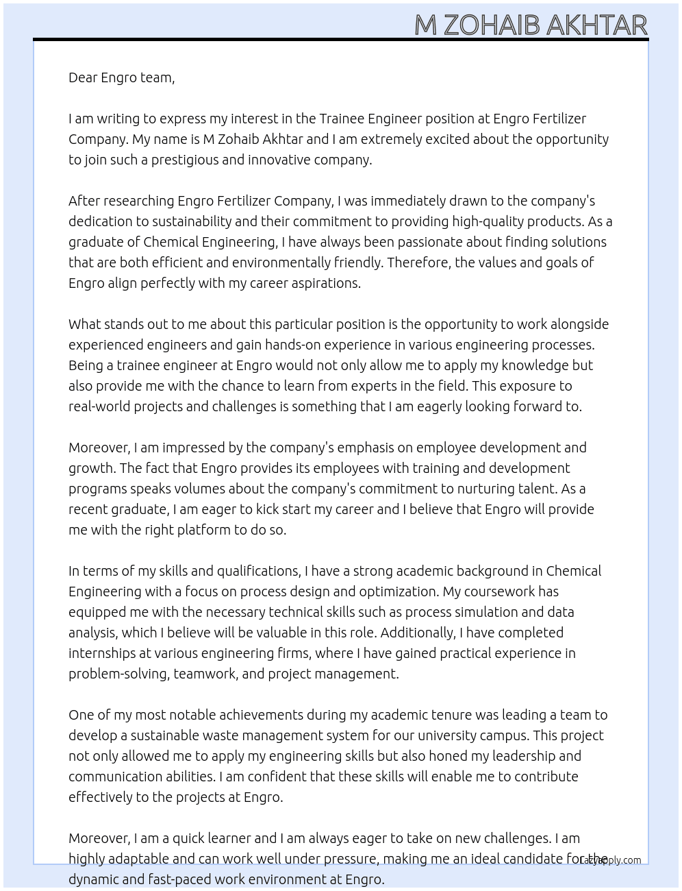 Trainee Engineer At Engro fertilizer company  Cover Letter