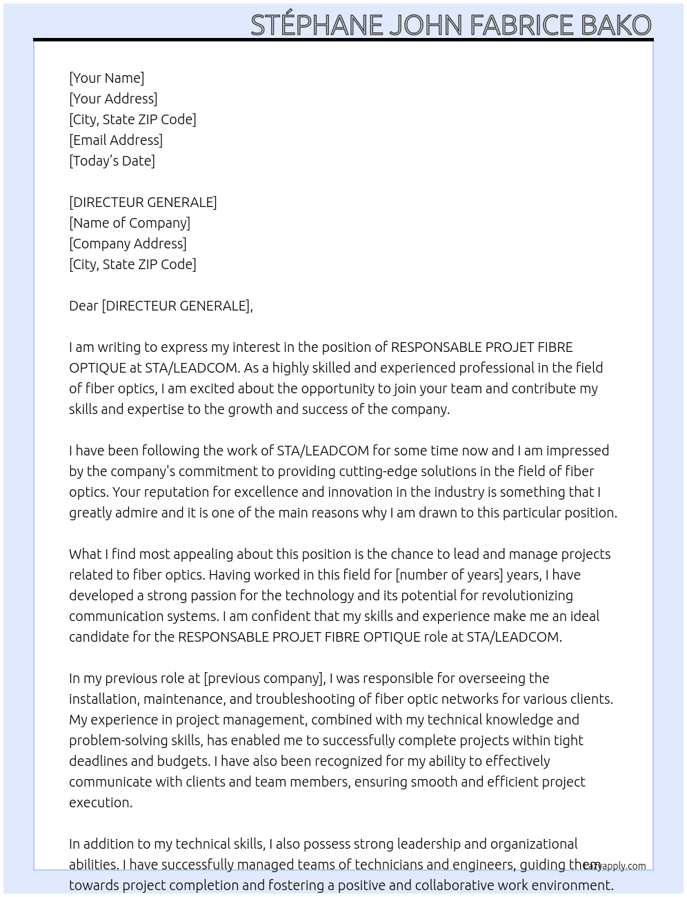 RESPONSABLE PROJET FIBRE OPTIQUE At STA/LEADCOM Cover Letter