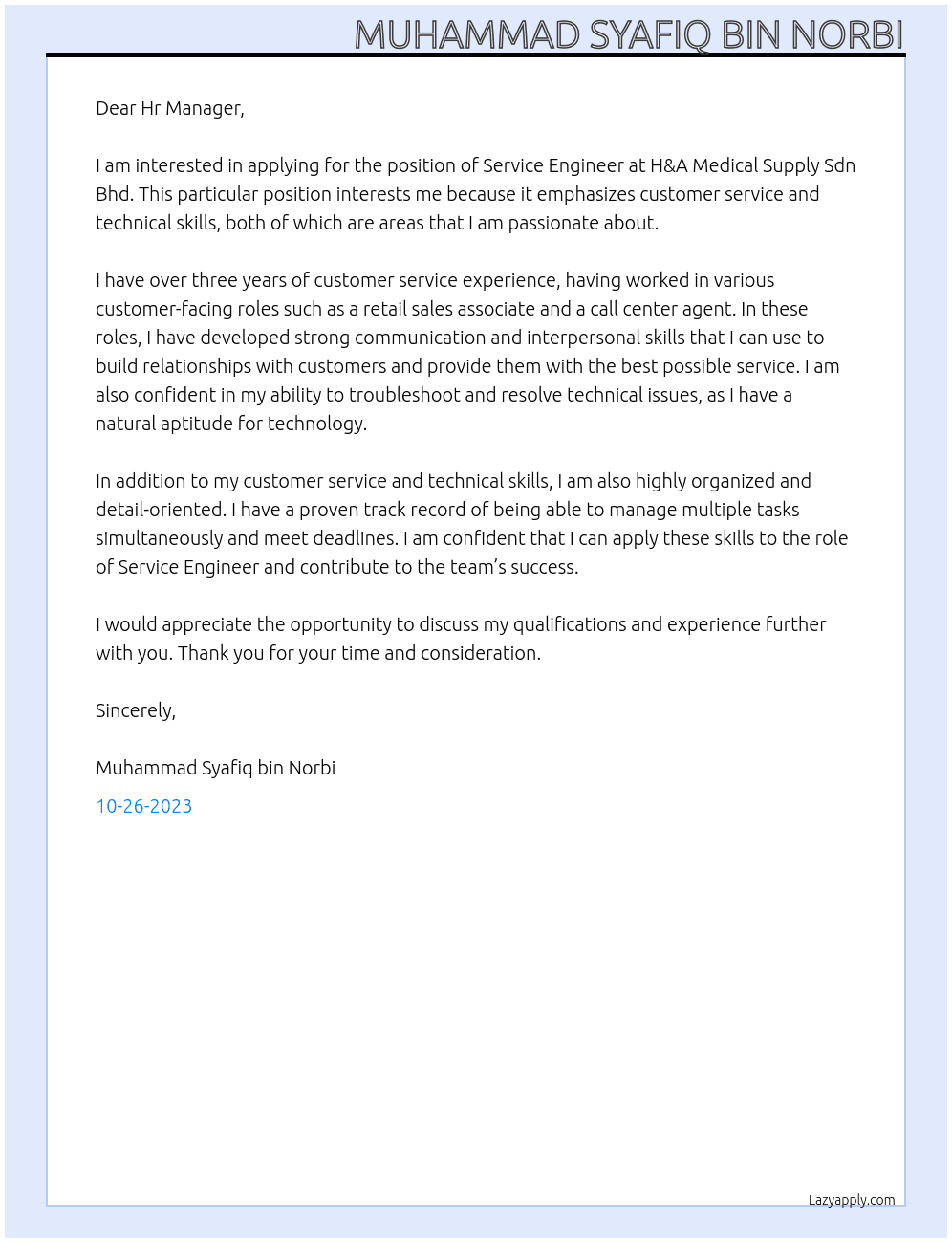 Service Engineer At H&A Medical Supply Sdn Bhd Cover Letter