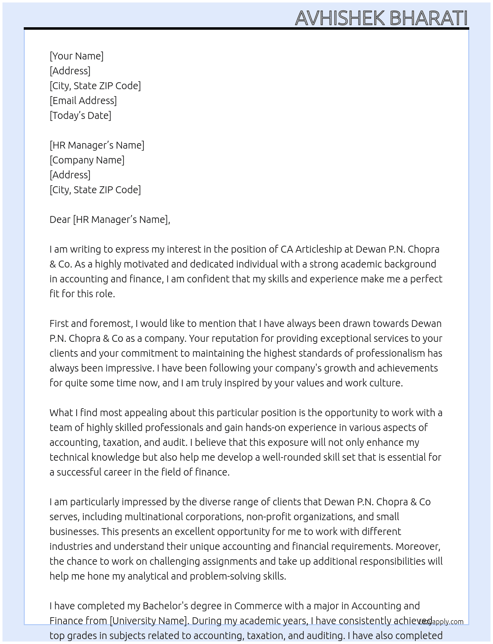 ca articleship At dewan P,N chopra & co  Cover Letter