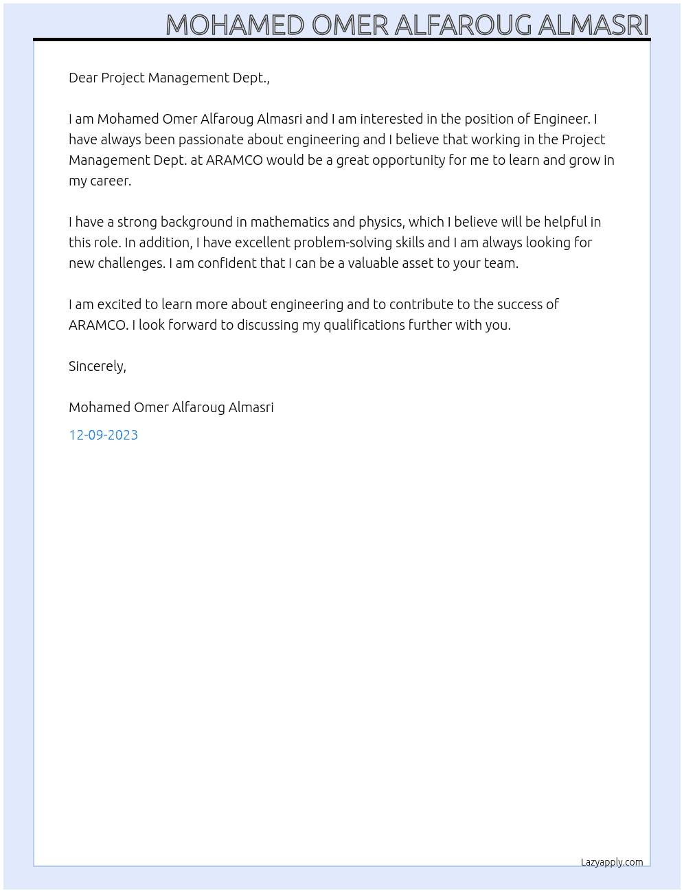 Engineer At ARAMCO Cover Letter