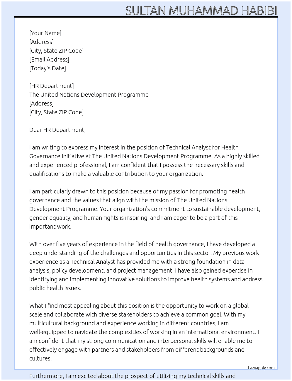 Technical Analyst for Health Governance Initiative  At The United Nations Development Programme Cover Letter