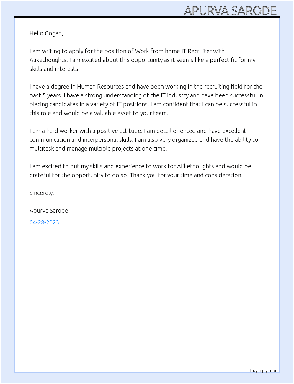 Work from home IT Recruiter  At Alikethoughts Cover Letter