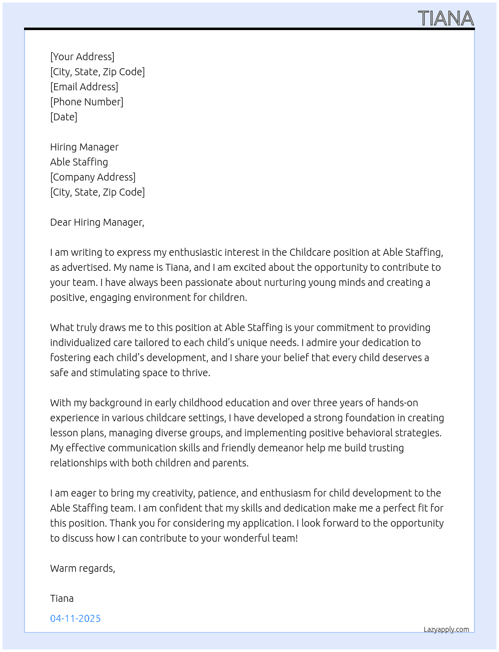 Childcare At Able Staffing  Cover Letter