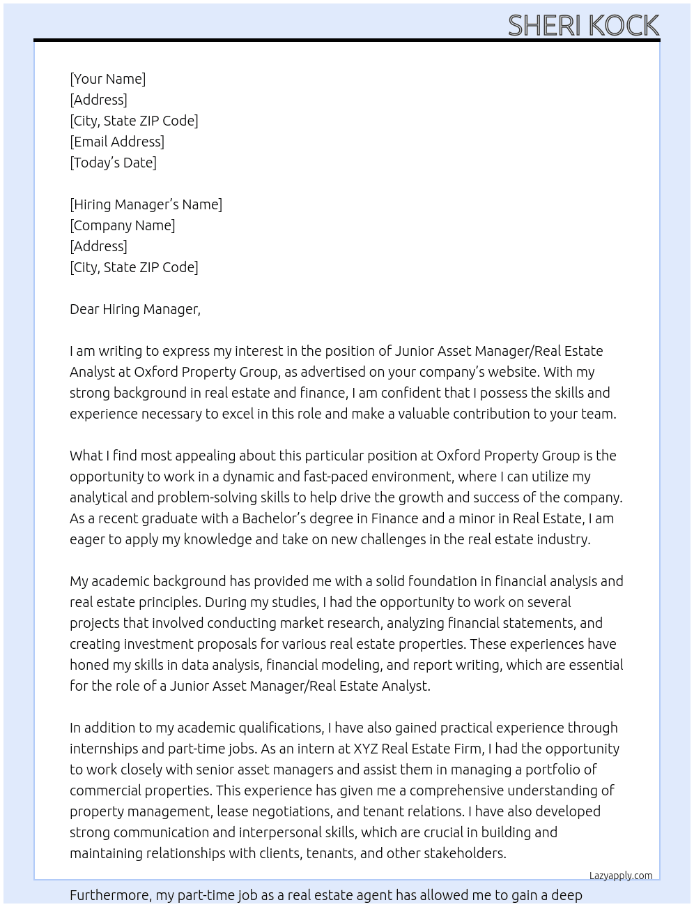 Junior Asset Manager/Real Estate Analyst At Oxford Property Group Cover Letter