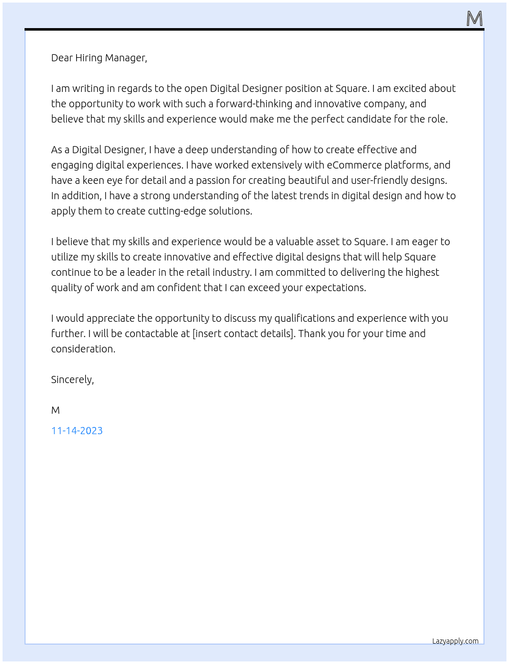 Digital Designer, Retail At Square Cover Letter