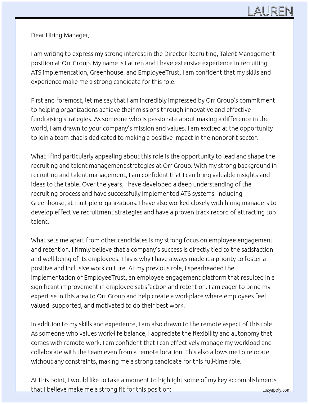 Director Recruiting, Talent Management At Orr Group Cover Letter