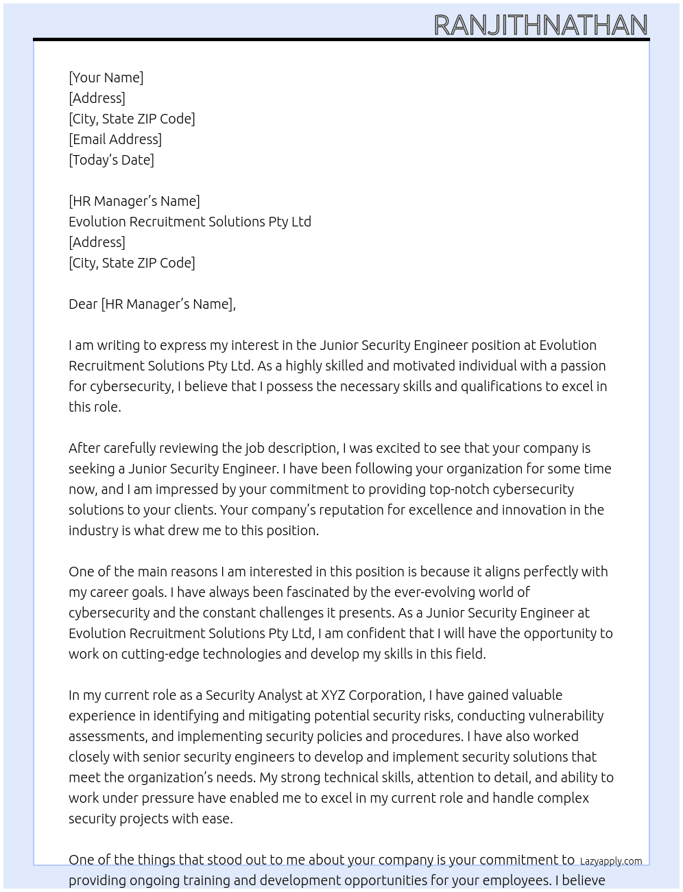 Junior Security Engineer At Evolution Recruitment Solutions Pty Ltd Cover Letter