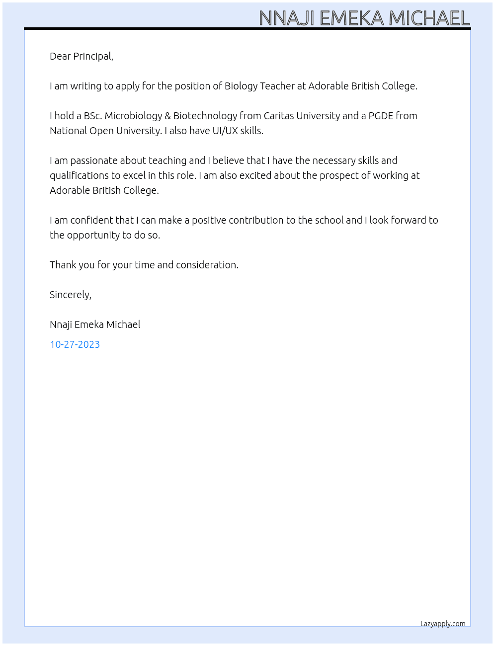 Biology Teacher At Adorable British College Cover Letter