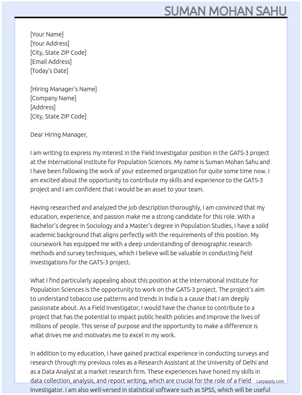 Field Investigator in GATS-3 project At International Institute for Population Sciences Cover Letter