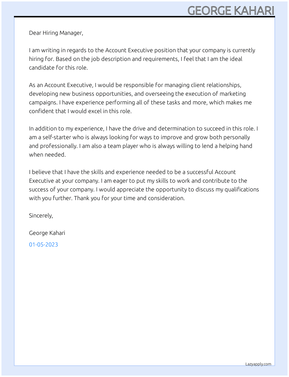 Account Executive  At Hiring Company  Cover Letter
