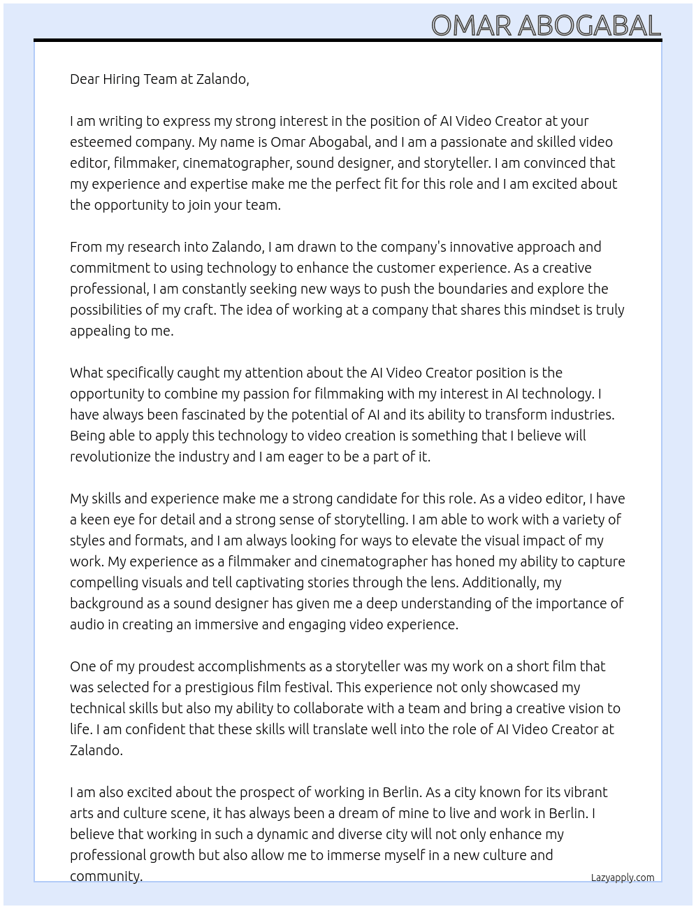 AI Video Creator At Zalando Cover Letter