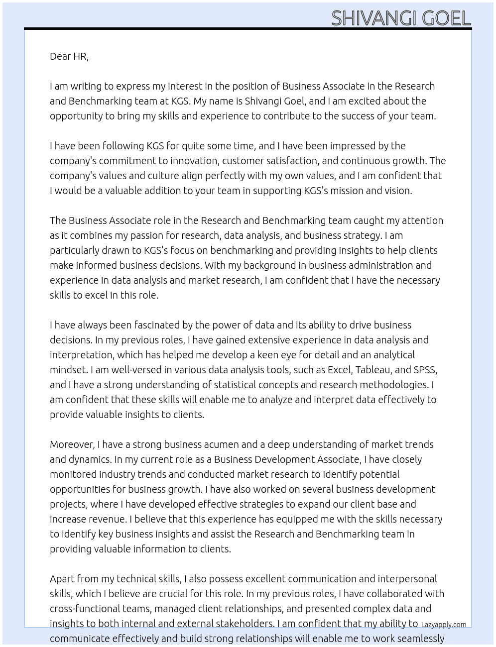 Business Associate in the Research and Benchmarking team At KGS Cover Letter