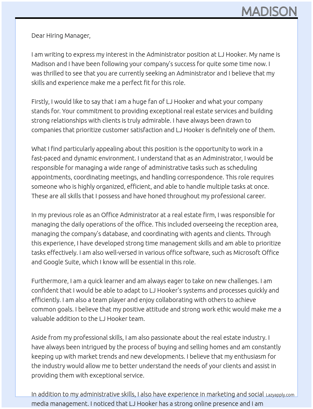 Administrator  At LJ Hooker Cover Letter