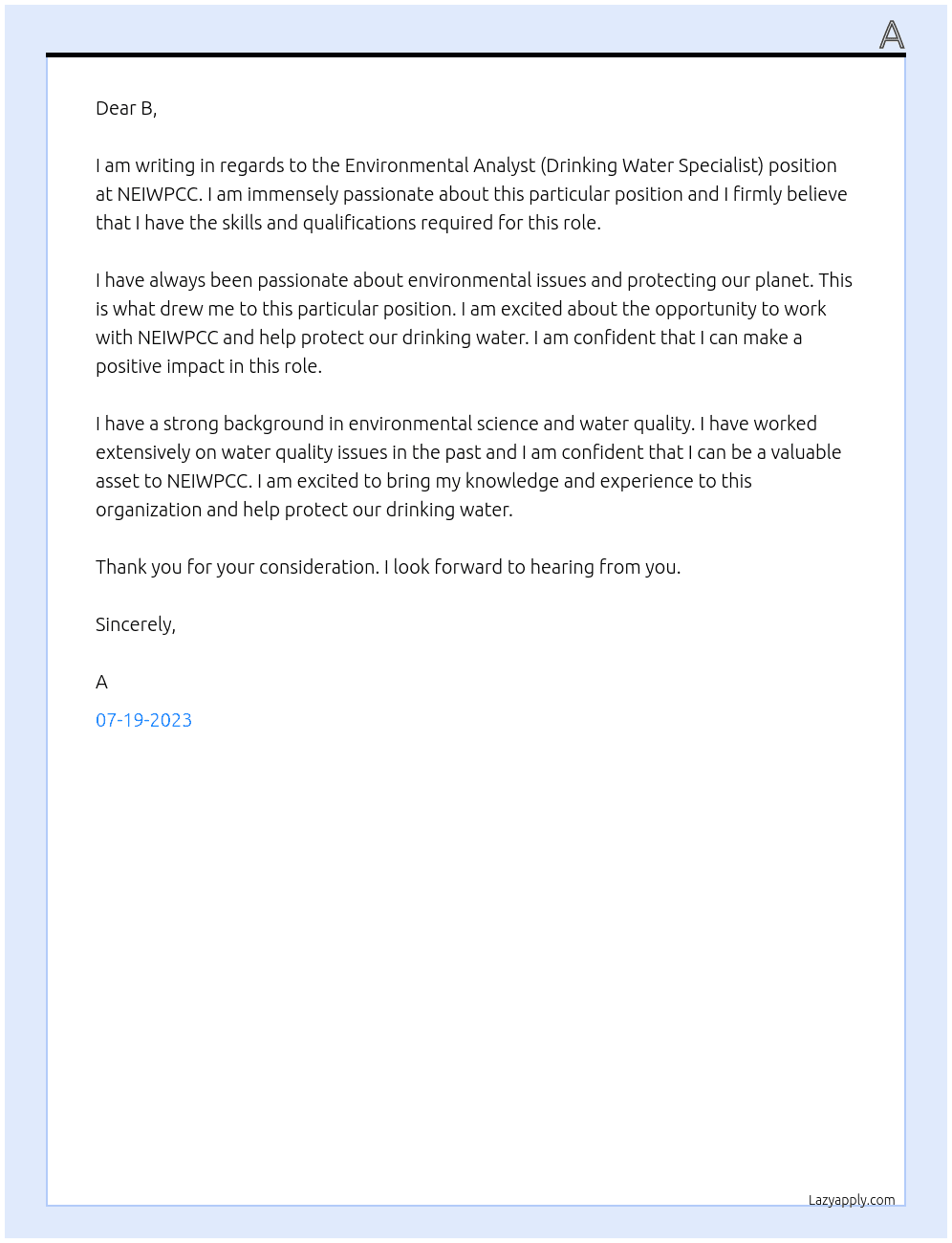 Environmental Analyst (Drinking Water Specialist) At NEIWPCC Cover Letter
