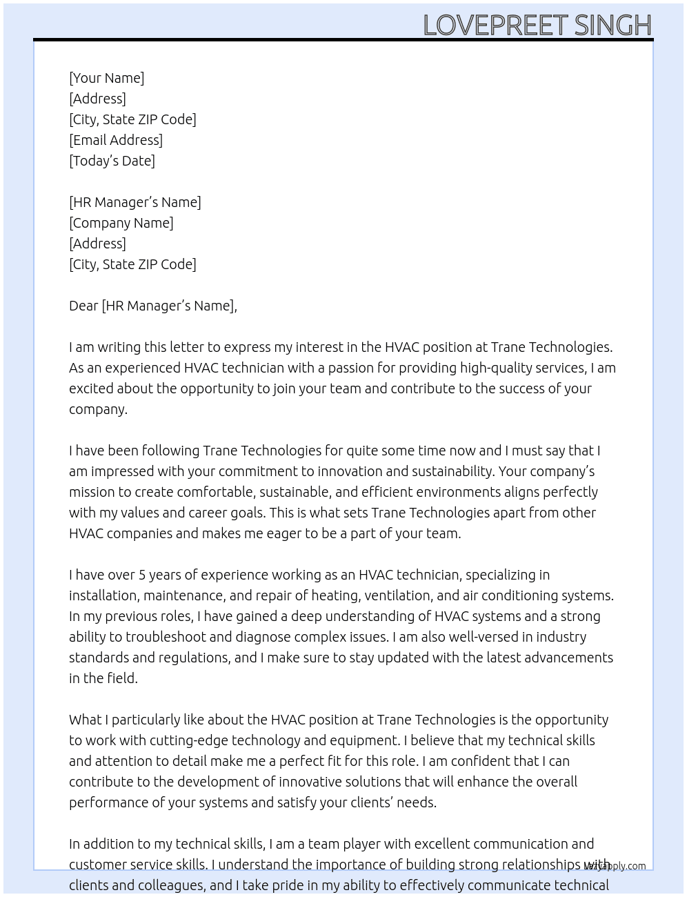 HVAC At Trane Technologies Cover Letter