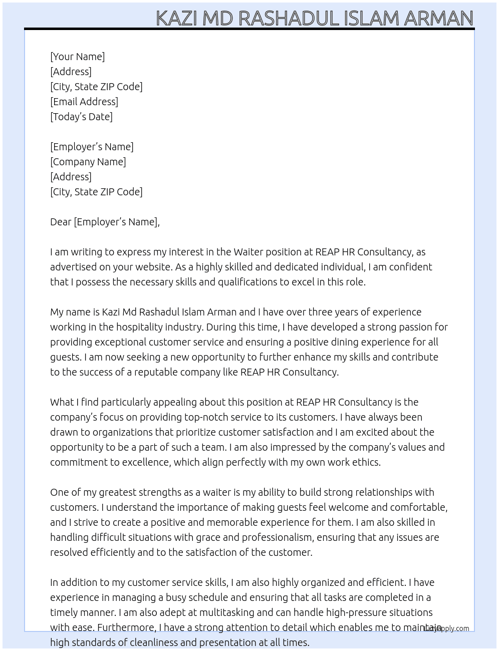 Waiter At REAP HR CONSULTANCY  Cover Letter