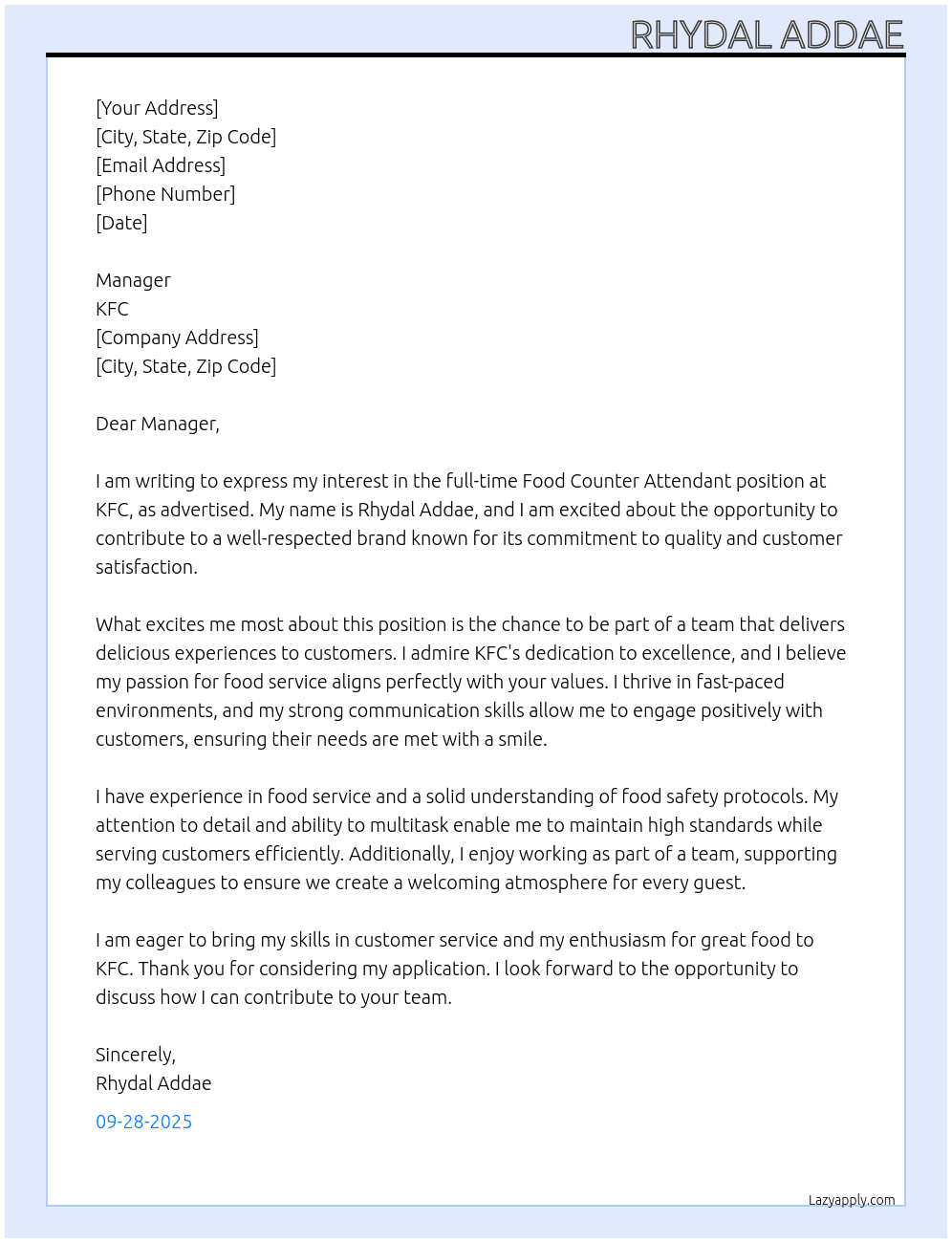 Cover letter for food counter attendant - LazyApply