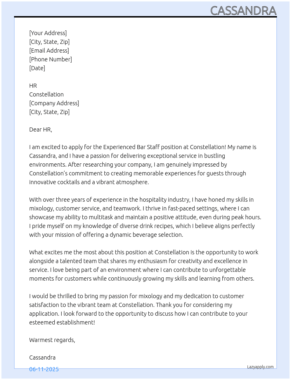Experienced bar staff  At Constillation Cover Letter