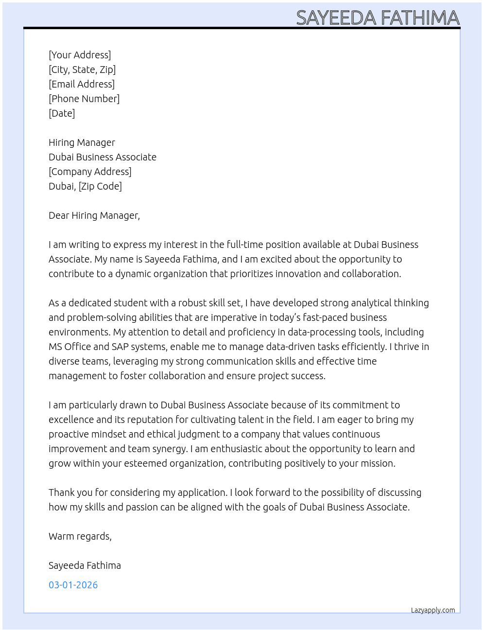 Student  At Dubai Business Associate  Cover Letter