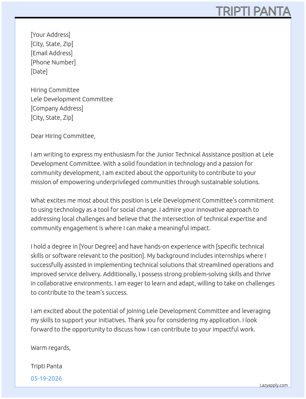 junior technical assistance At lele development committee Cover Letter