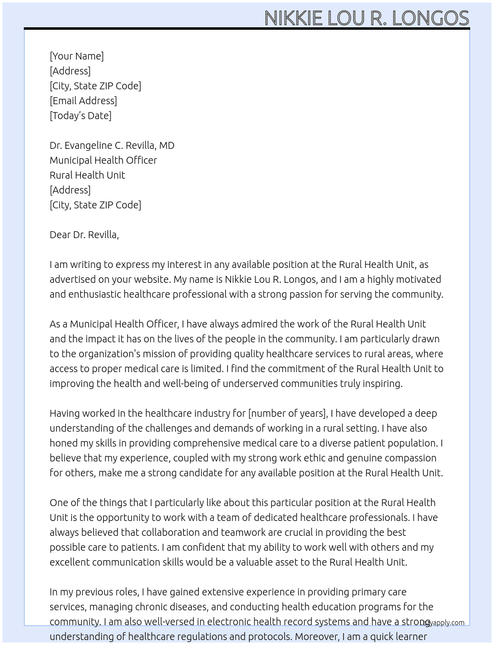 Any available position  At Rural Health Unit Cover Letter
