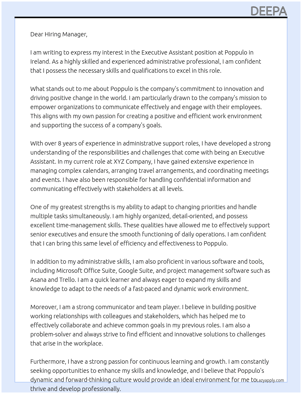Executive Assistant At Poppulo, Ireland Cover Letter