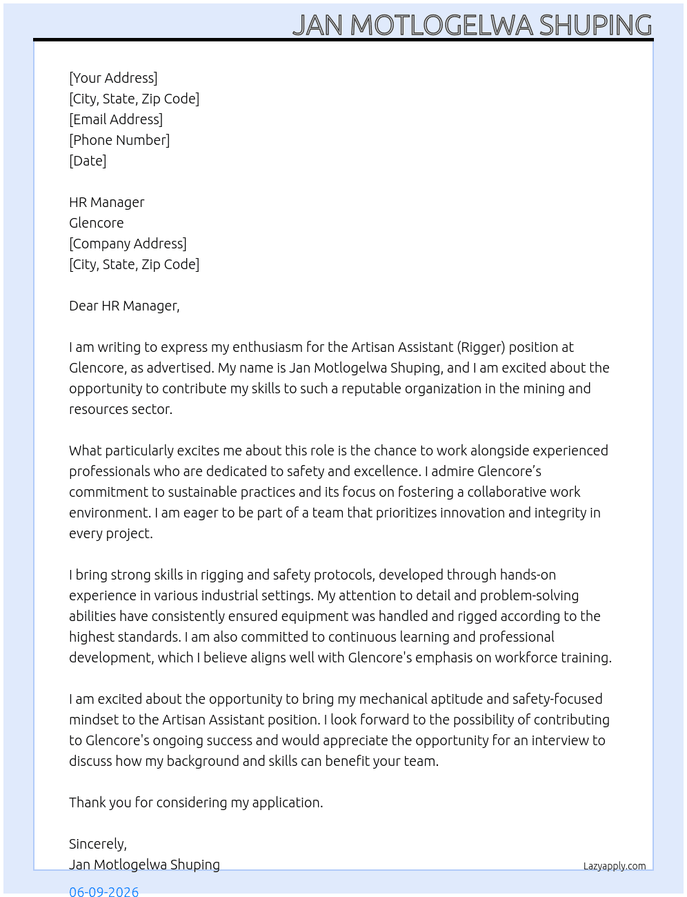 Artisan Assistant (Rigger) At Glencore  Cover Letter