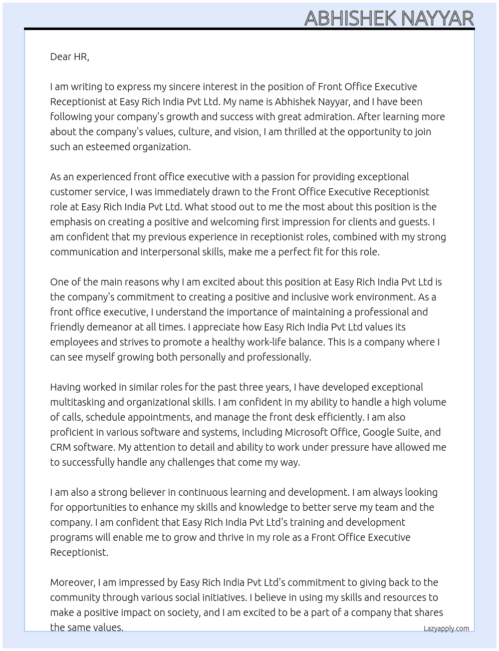 Front office executive receptionist At Easy rich India pvt ltd Cover Letter