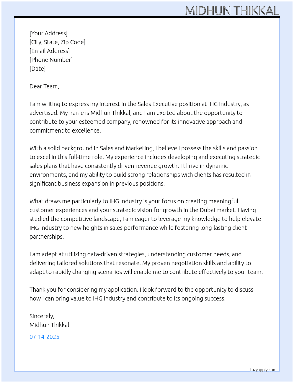Sales executive  At IHG Industry  Cover Letter