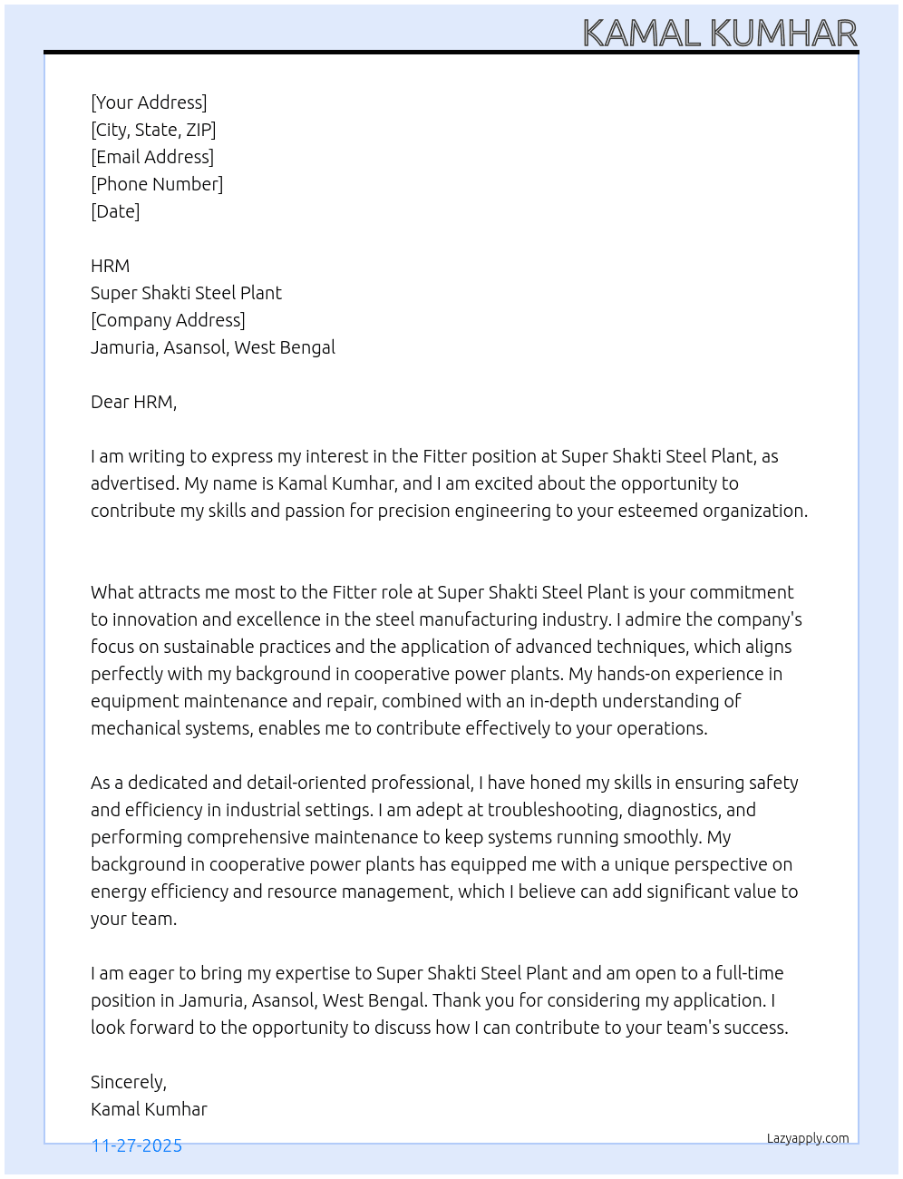 FITTER At SUPER SHAKTI STEEL PLANT  Cover Letter
