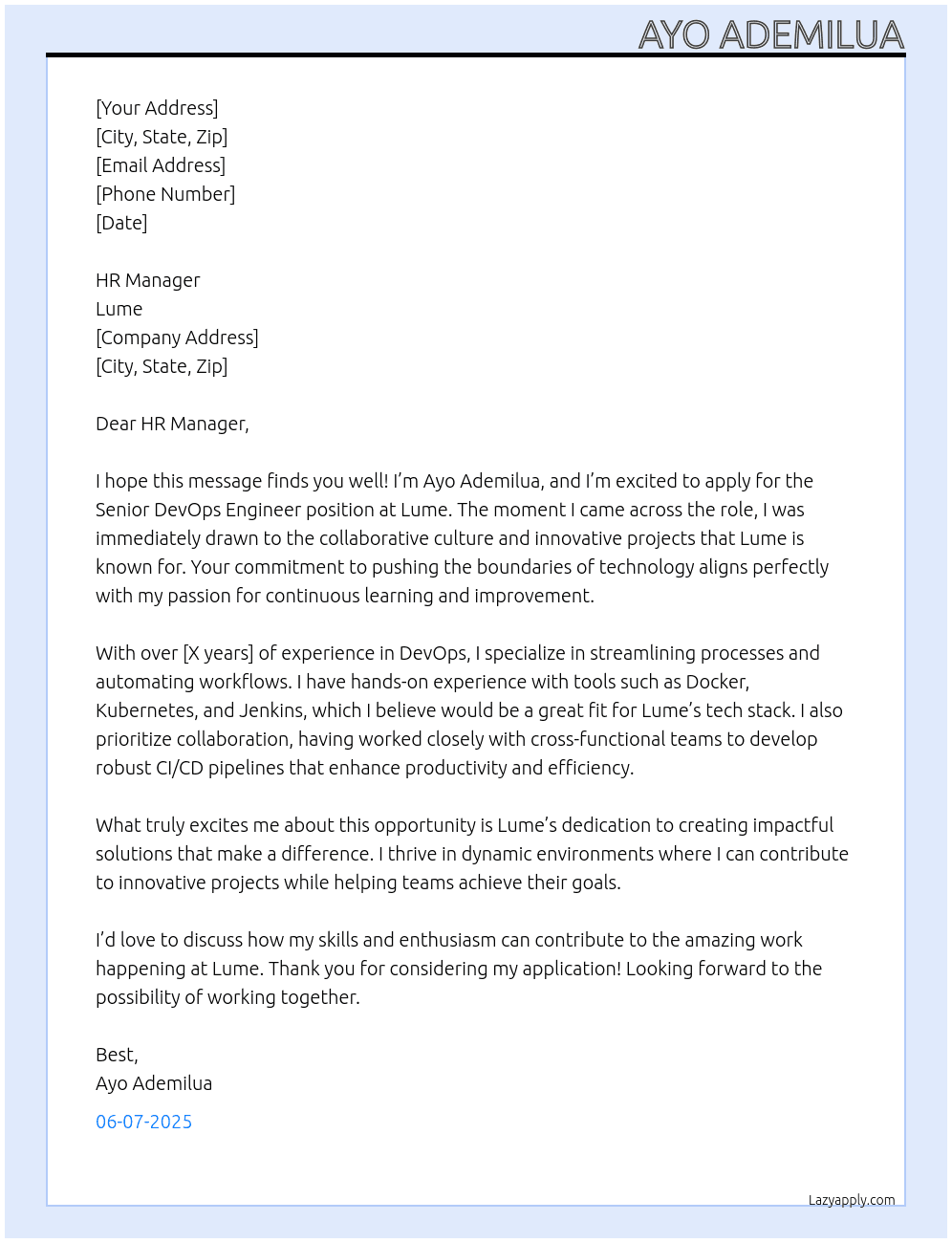 Senior DevOps Engineer At Lume Cover Letter