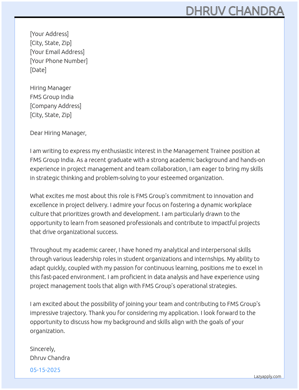 Management Trainee At FMS GROUP INDIA Cover Letter
