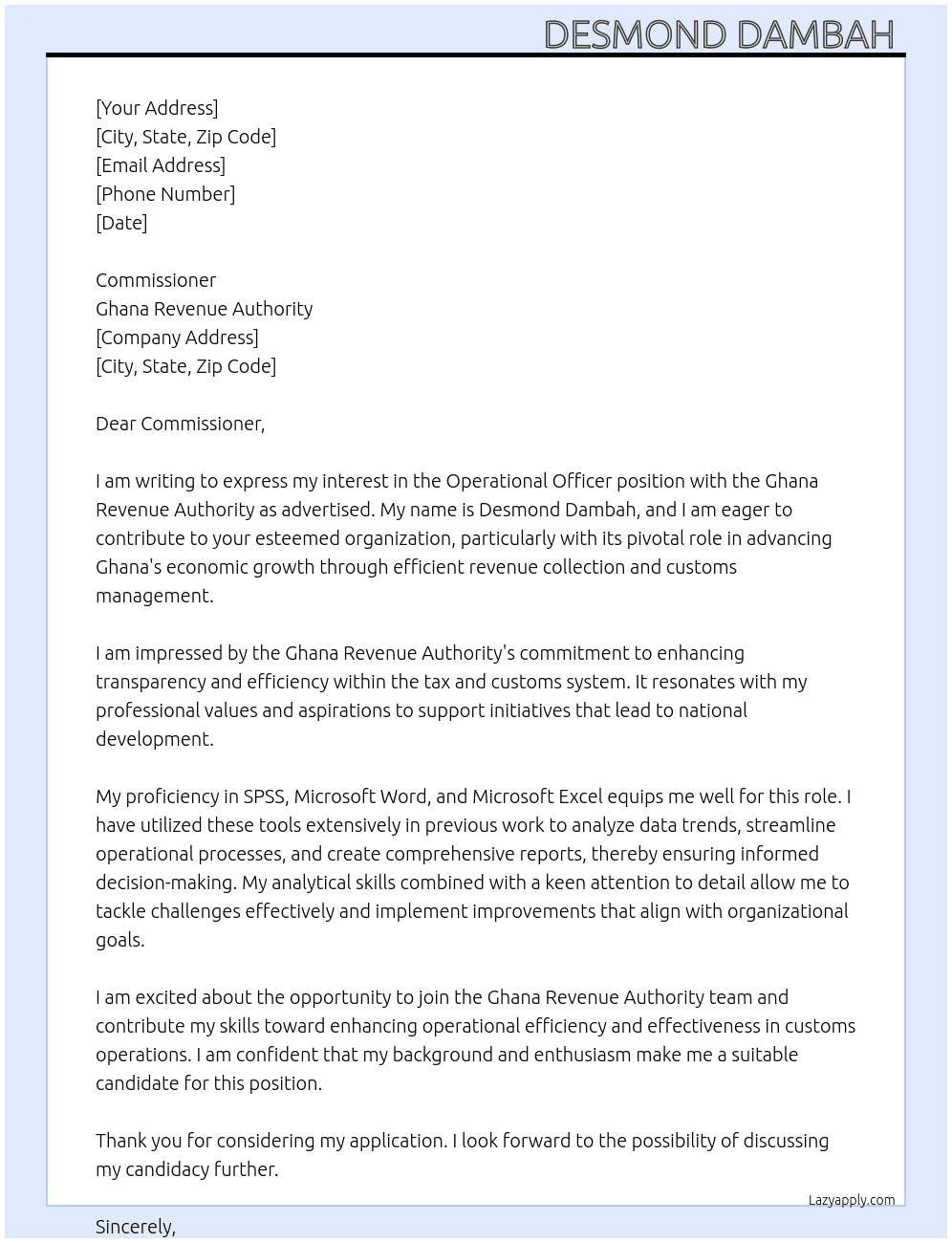 Operational officer  At Ghana custom service  Cover Letter