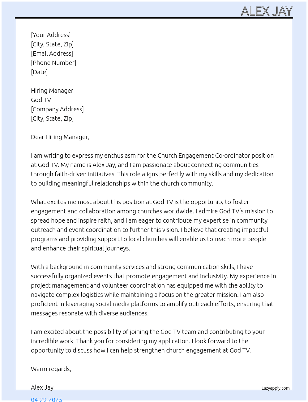 Church Engagement Co-ordinator At God Tv Cover Letter