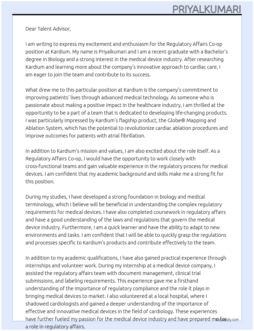 Regulatory Affairs Co-op At kardium Cover Letter