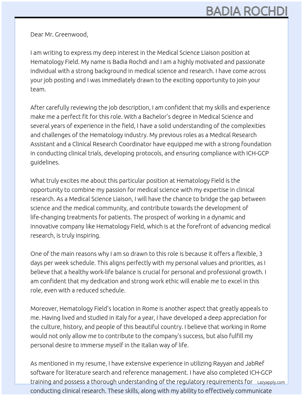 medical science liaison At Hemathology field Cover Letter