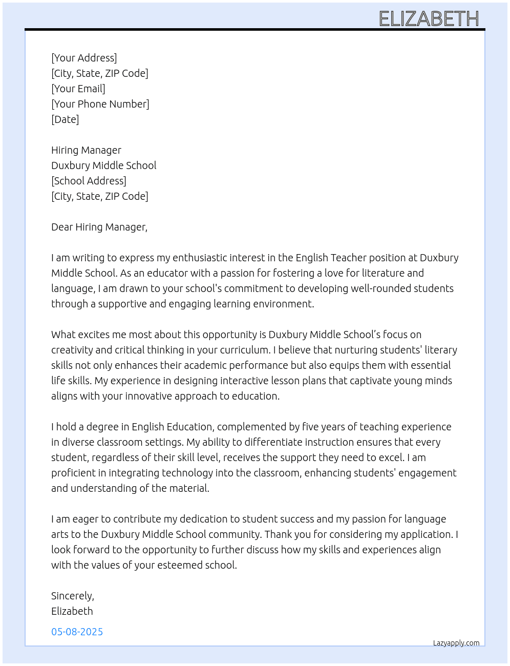 English Teacher  At Duxbury Middle School Cover Letter