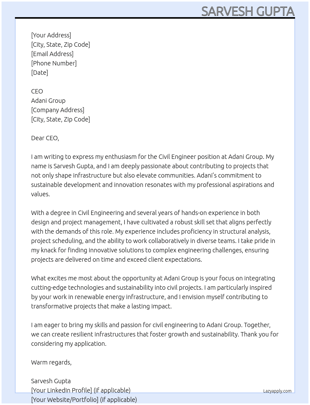 Civil engineer  At Adani group  Cover Letter