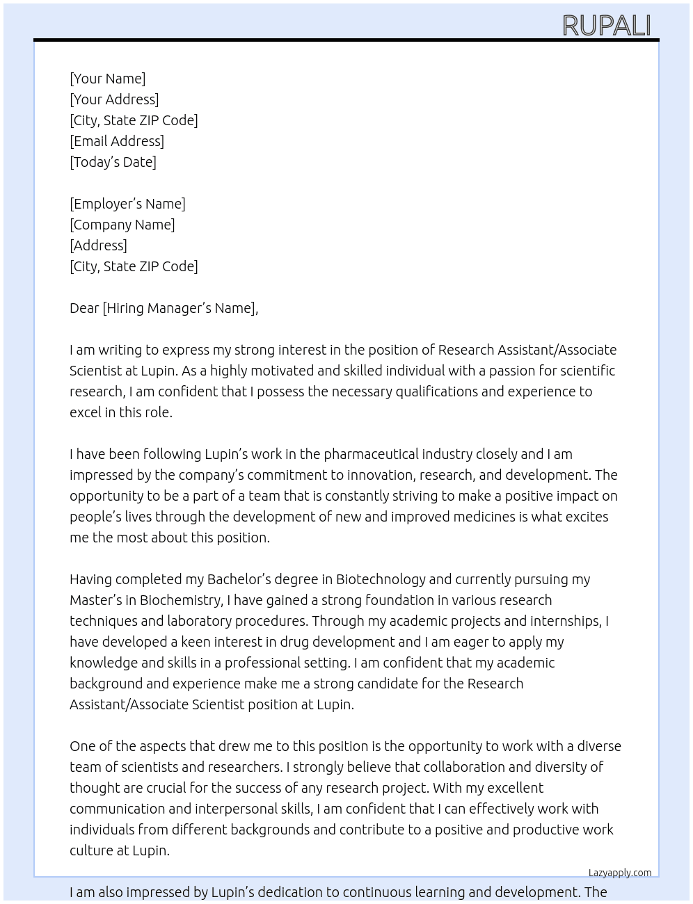Research assistant or associate scientist  At Lupin  Cover Letter