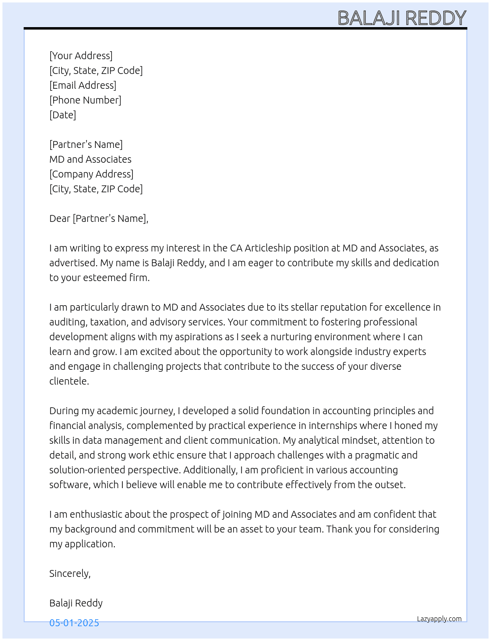 CA articleship At MD and Associates Cover Letter
