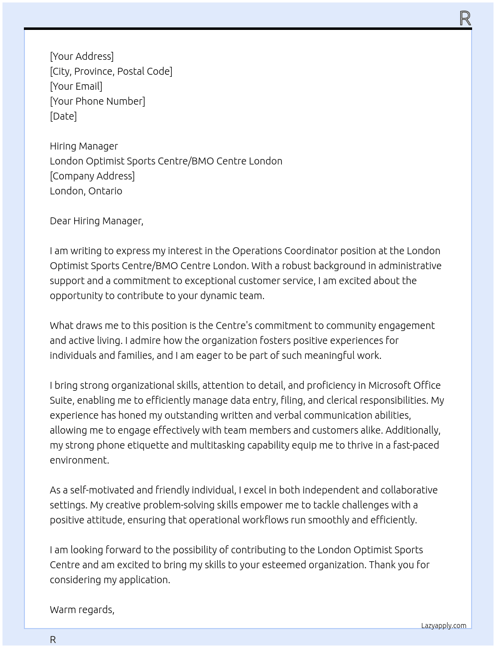 Operations Coordinator At London Optimist Sports Centre/BMO Centre London Cover Letter