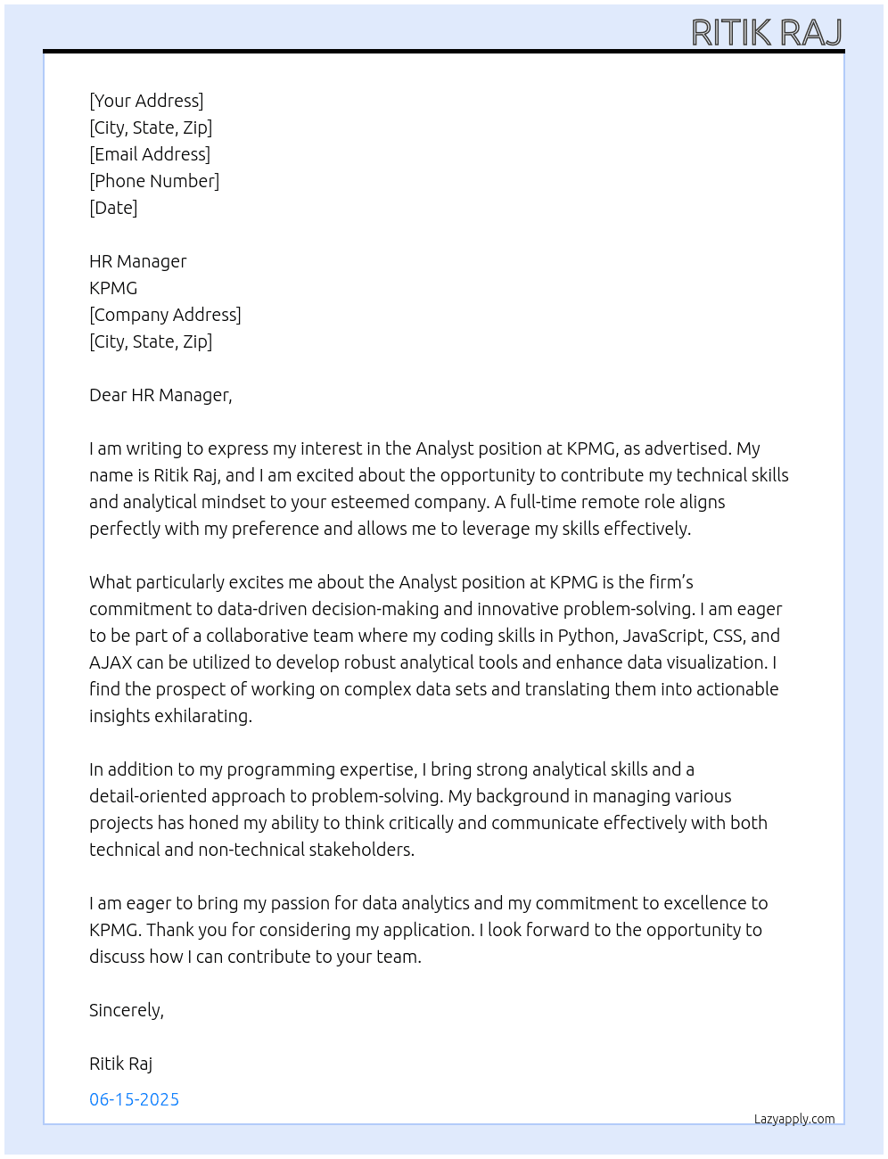 analyst At kpmg Cover Letter