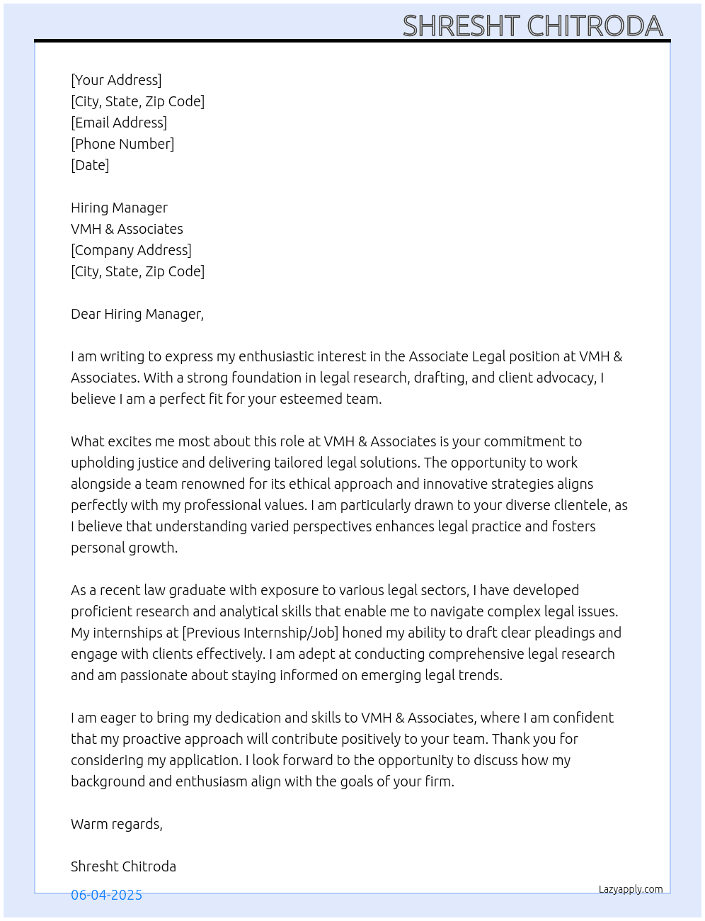 Cover letter for associate legal - LazyApply