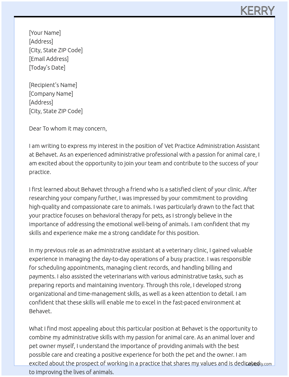 Vet Practice Administration Assistant At Behavet Cover Letter